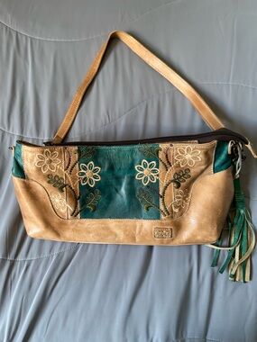 BED|STU Teal and Tan Floral Embroidered Shoulder Bag with fringe clip